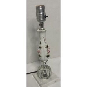 Vintage German Porcelain Floral Rose Bud Lamp Crystal Marble Boudoir Romantic